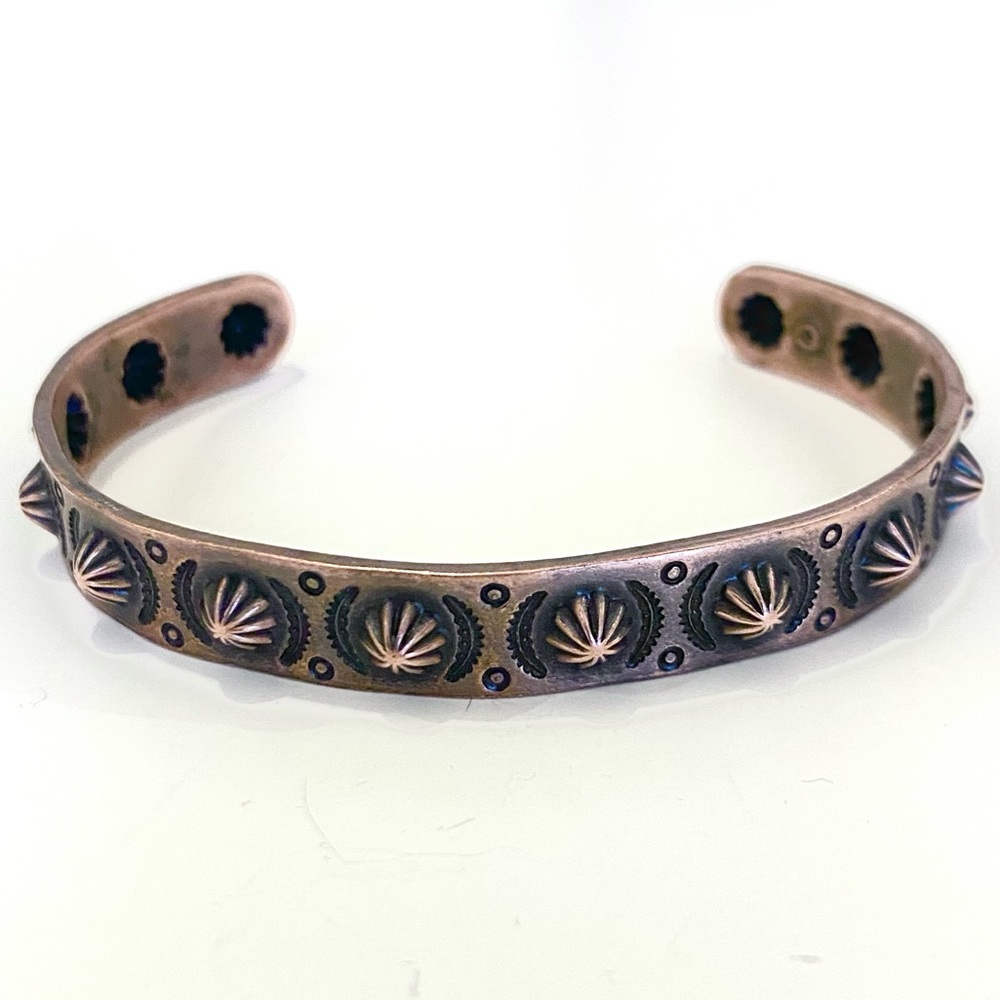 SOLD Vintage Southwestern Stamped Copper Cuff Bracelet • Floral Motif